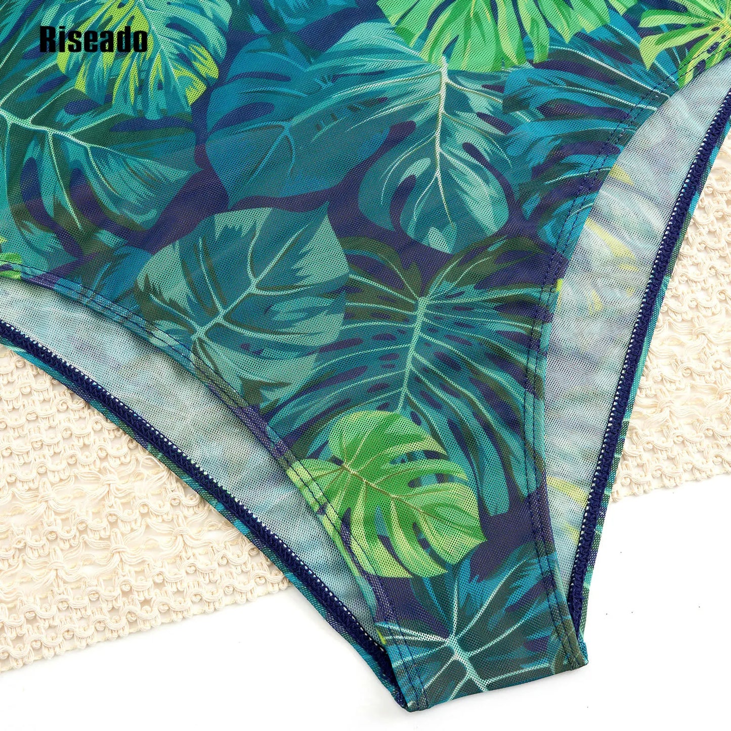 Women's Mesh Beach Suit Printed High Waist Surfing One Piece Swimsuit with Long Sleeves Large Size