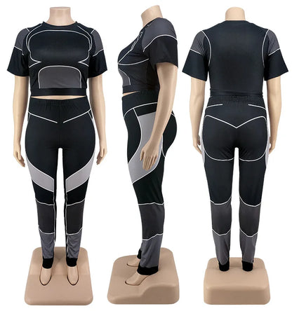Plus Size Sets Women's Clothes Tracksuit Short Top and Pant Two Piece Sets Gym Joggers Sports Outfits High Elastic Yoga Set