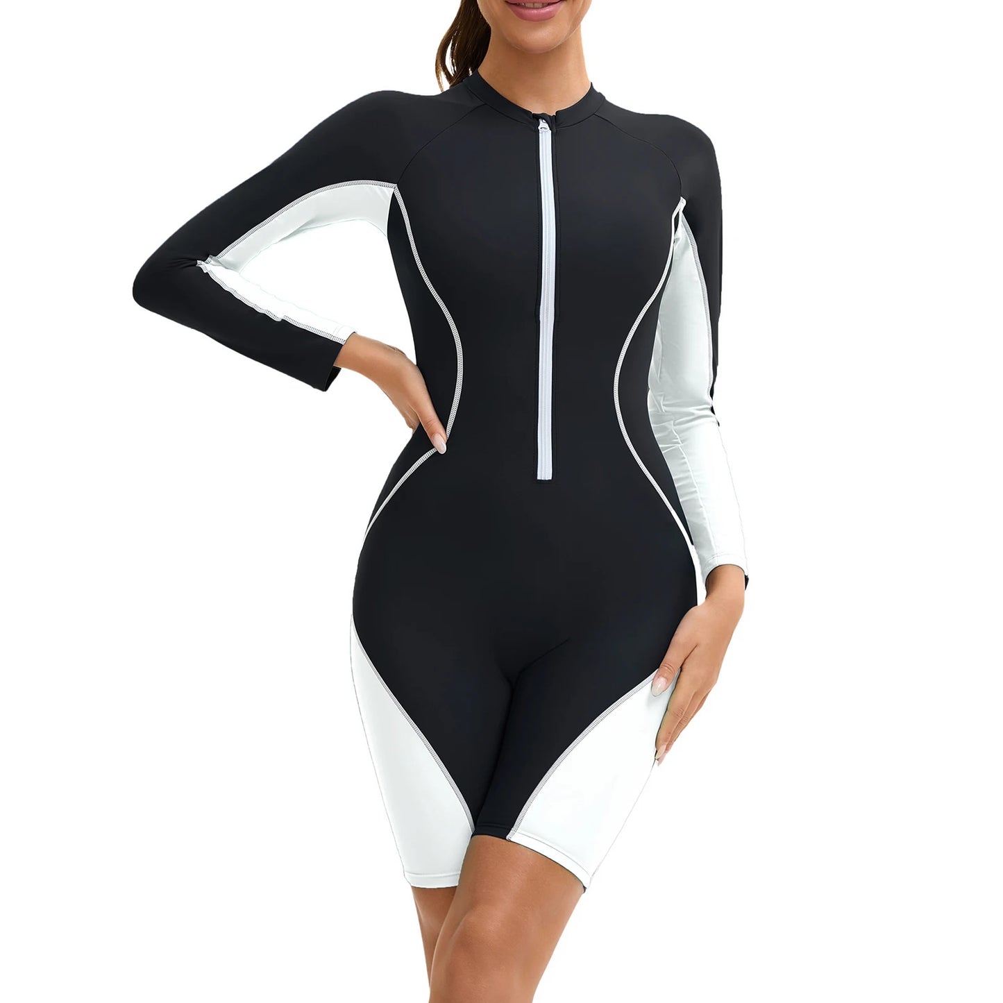 Women's Swim Leotard Long Sleeves Chest Pads Boyleg Shorty Bodysuit One-piece Athletic Swimsuit Color Block Swimwear Bathing Suit