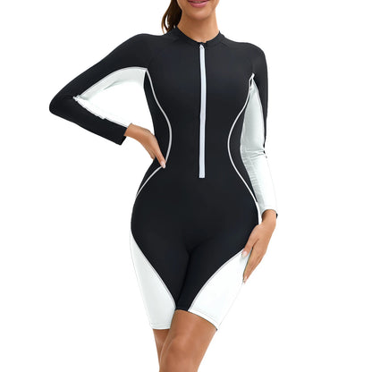 Women's Swim Leotard Long Sleeves Chest Pads Boyleg Shorty Bodysuit One-piece Athletic Swimsuit Color Block Swimwear Bathing Suit