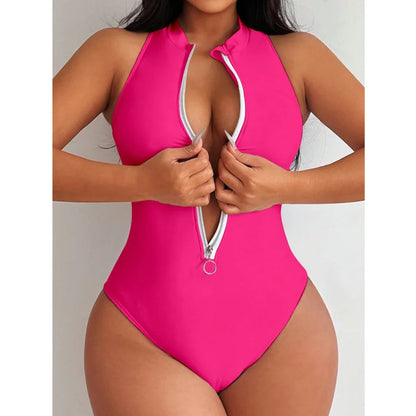 Zipper One Piece Swimsuits Closed Women's Solid Swimwear Sports Swimming Wear Body Bathing Suits Beachwear Pool Bather