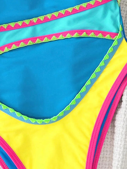 Patchwork Swimwear Women Strapped One Piece Swimsuit Brazilian Lady Monokini Hollow Beach Bathing Suit