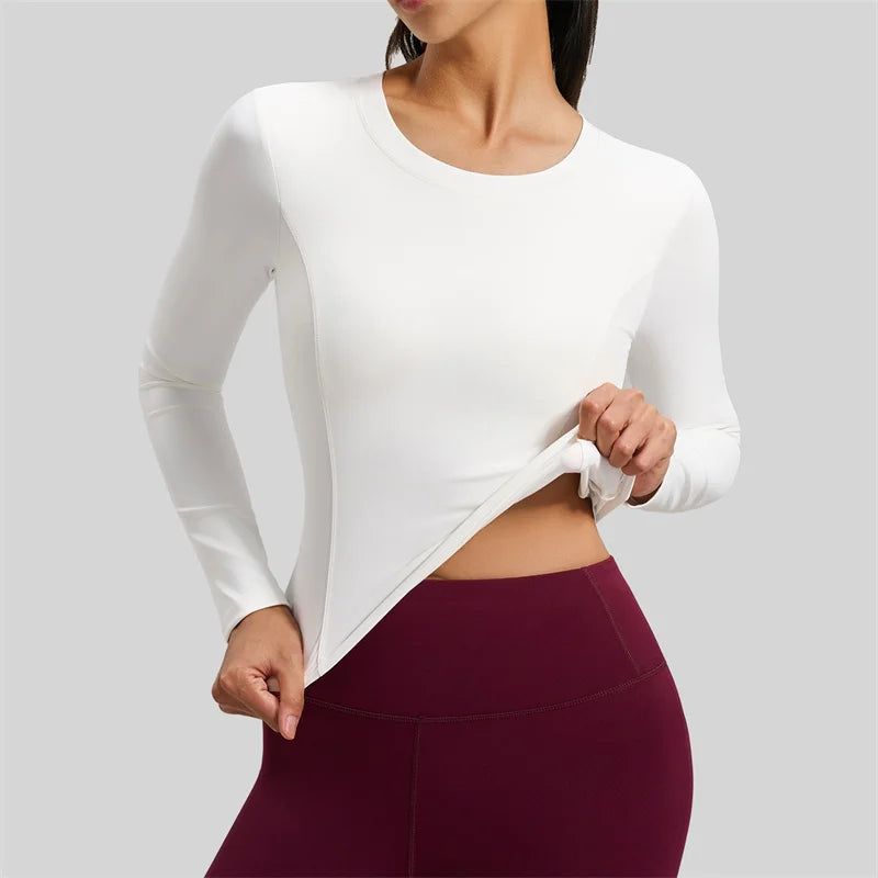 Women's Long-Sleeve Cut-Out Back Yoga Crop Top with Built-In Bra
