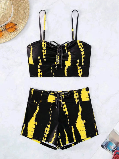 Print String Bikini Swimsuit Women High Waist Shorts Swimwear Female Bathers Bathing Swimming Swim Suit Beachwear