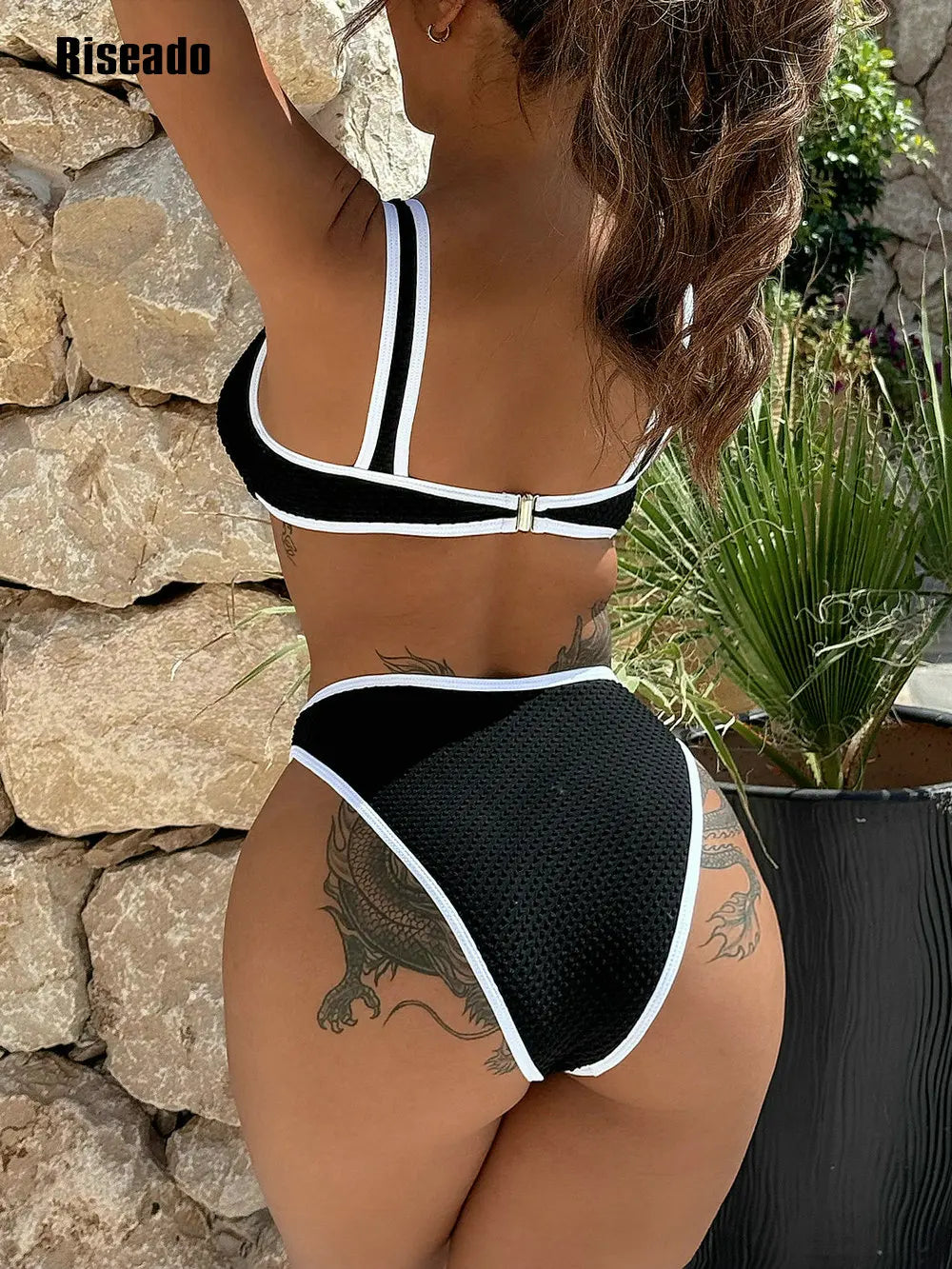 Textured High Cut Push Up Bikini Set with Lace Up Back Padded Two Piece High Waist Swimsuit Swimwear for Women