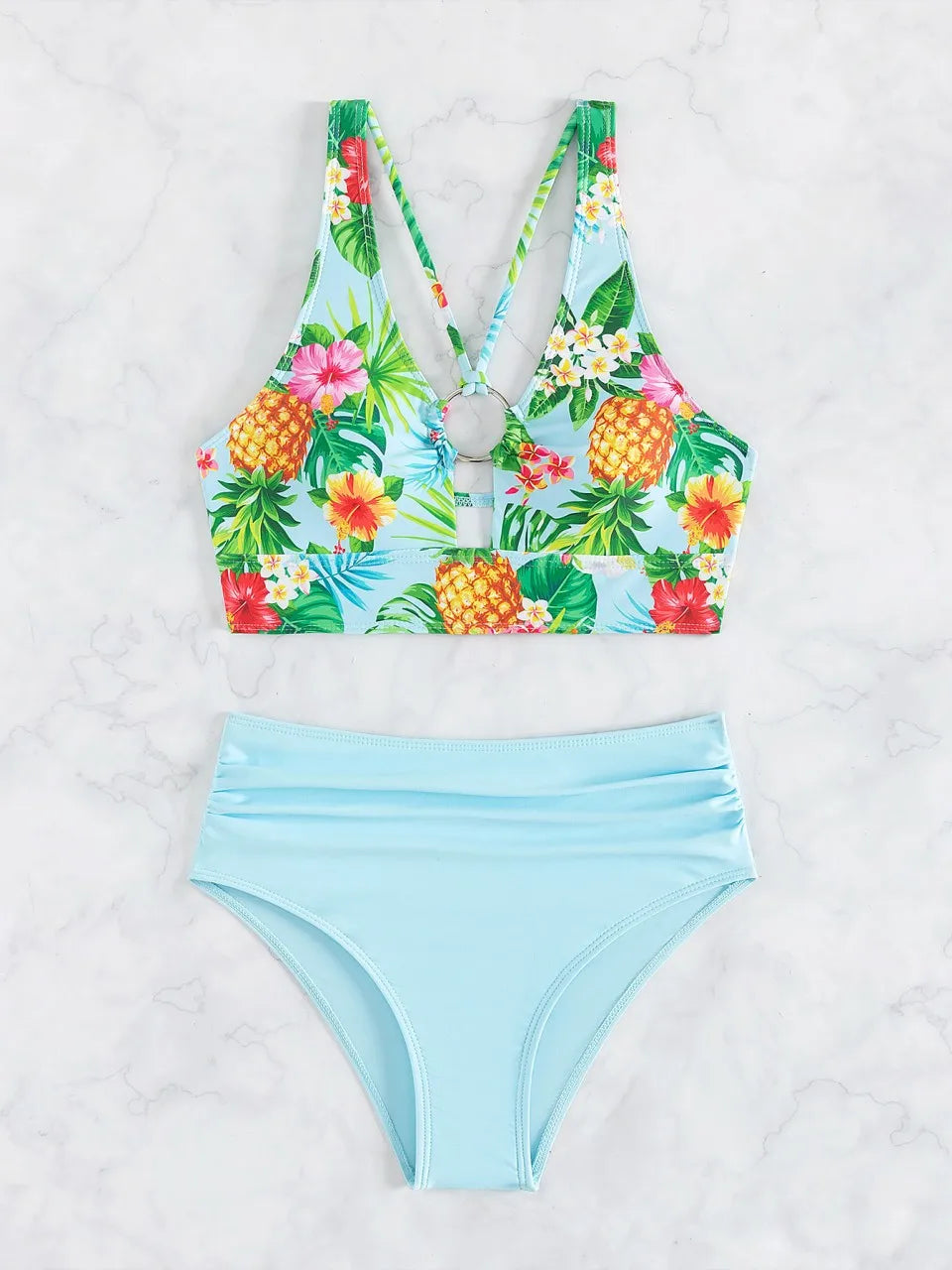 Strappy Hollow Bikini Women Ring Linked Swimwear Female Fold Triangle Swimsuit Bathers Bathing Swimming Suit Beachwear