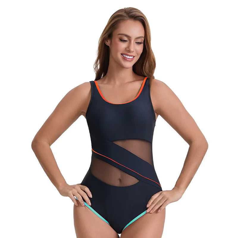 Sport Swimwear One Piece Bathing Suit for Women Swimsuits Block Colors Mesh Hollow out Beach Wear