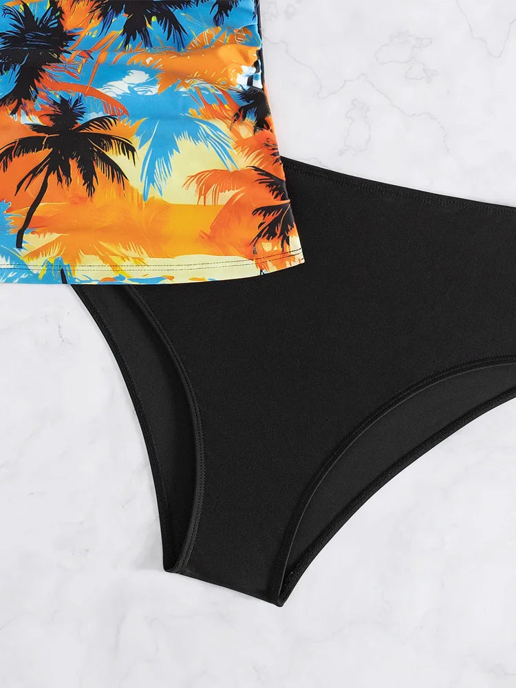 Tropical Print Design Strapped Bikini Tankini Set High Waist Push UP Swimsuit Women Backless Swimwear Summer Beach Bathing Suit