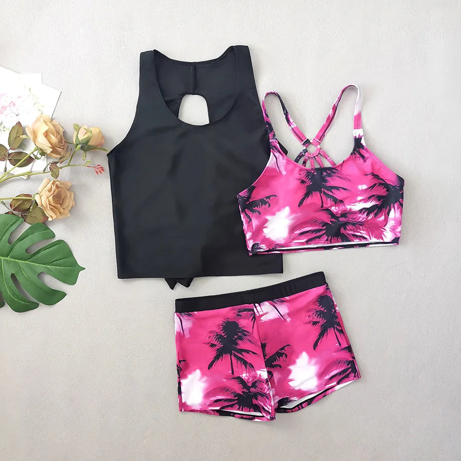 3 Pieces Leaf Print Swimsuit Women Swimwear Plus Size Tankini Sets Female Beachwear Bathing Suit Women Swimming Suits