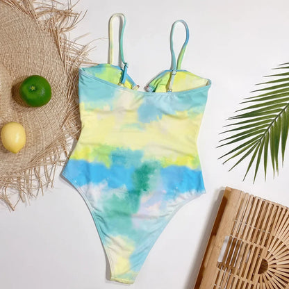 Tie Dye Tummy Cut Out Women Bandeau Swimwear One Piece Swimsuit Female High Cut Monokini Bather Bathing Suit Swim Lady