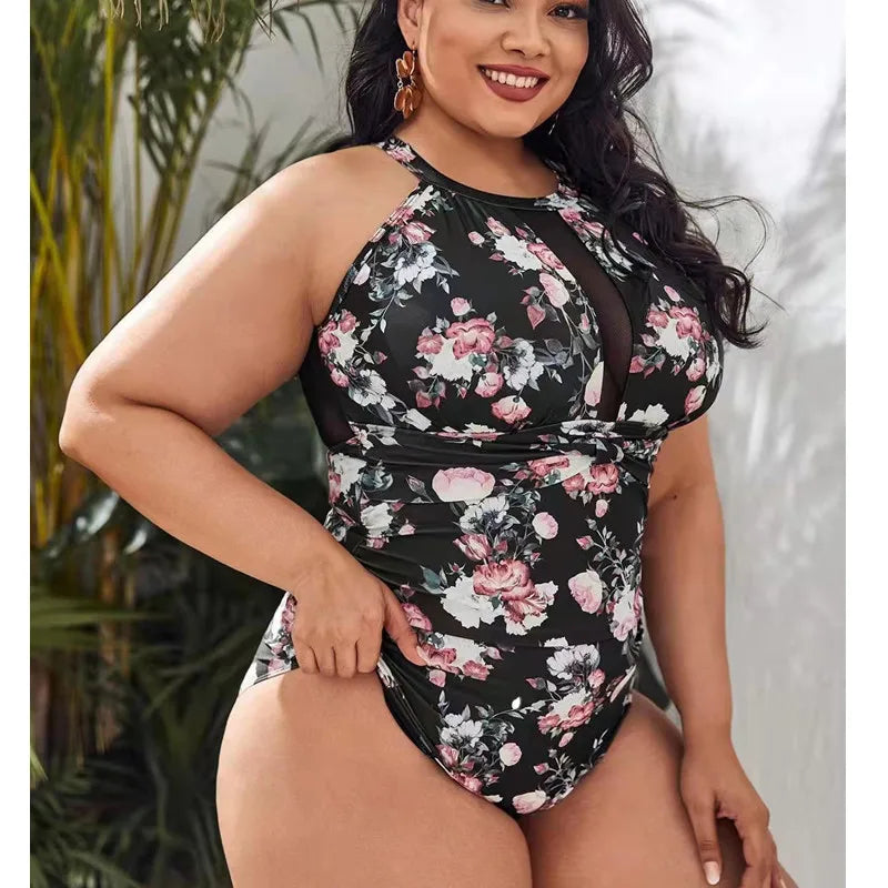 Plus Size One Piece Women's Large Size Swimsuit Vintage Printed Tummy Control Bathing Suit Push Up Monokinis Swimwear
