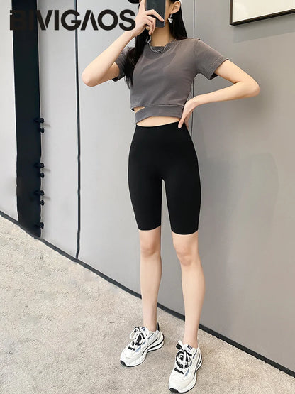 BIVIGAOS Summer Basic Cycling Shorts Women Casual Sharkskin Knee Length Short Legging High Waist Tight Sport Running Biker Short