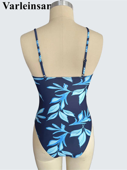 S - XXL Leaves Printed Wrinkled Women Swimwear One Piece Swimsuit Female High Leg Cut Monokini Bather Bathing Suit Swim