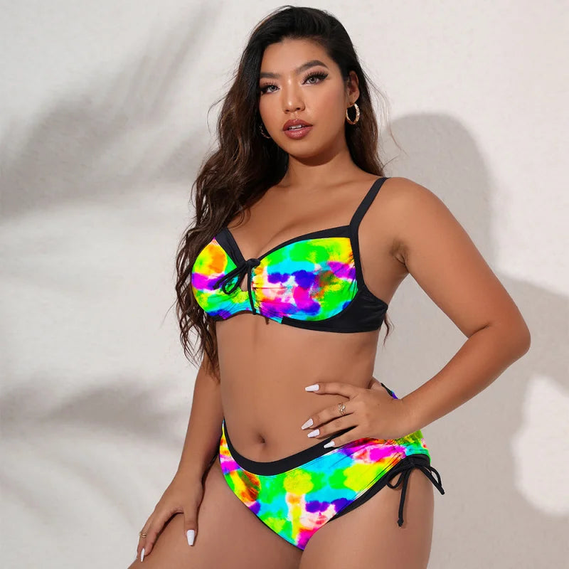 Trendy Bikini Three-Color Print Tie Adjustable Plus Size Two-Piece Swimsuit