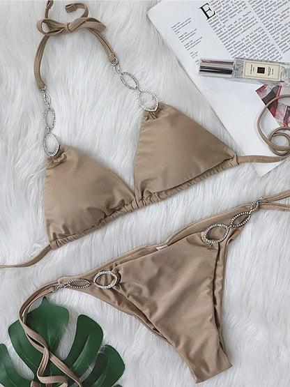 Shiny Crystal Diamond Bikini Women Halter Bandage Swimsuit Female Swimwear Rhinestone Bikini set Brazilian Bathing Suit