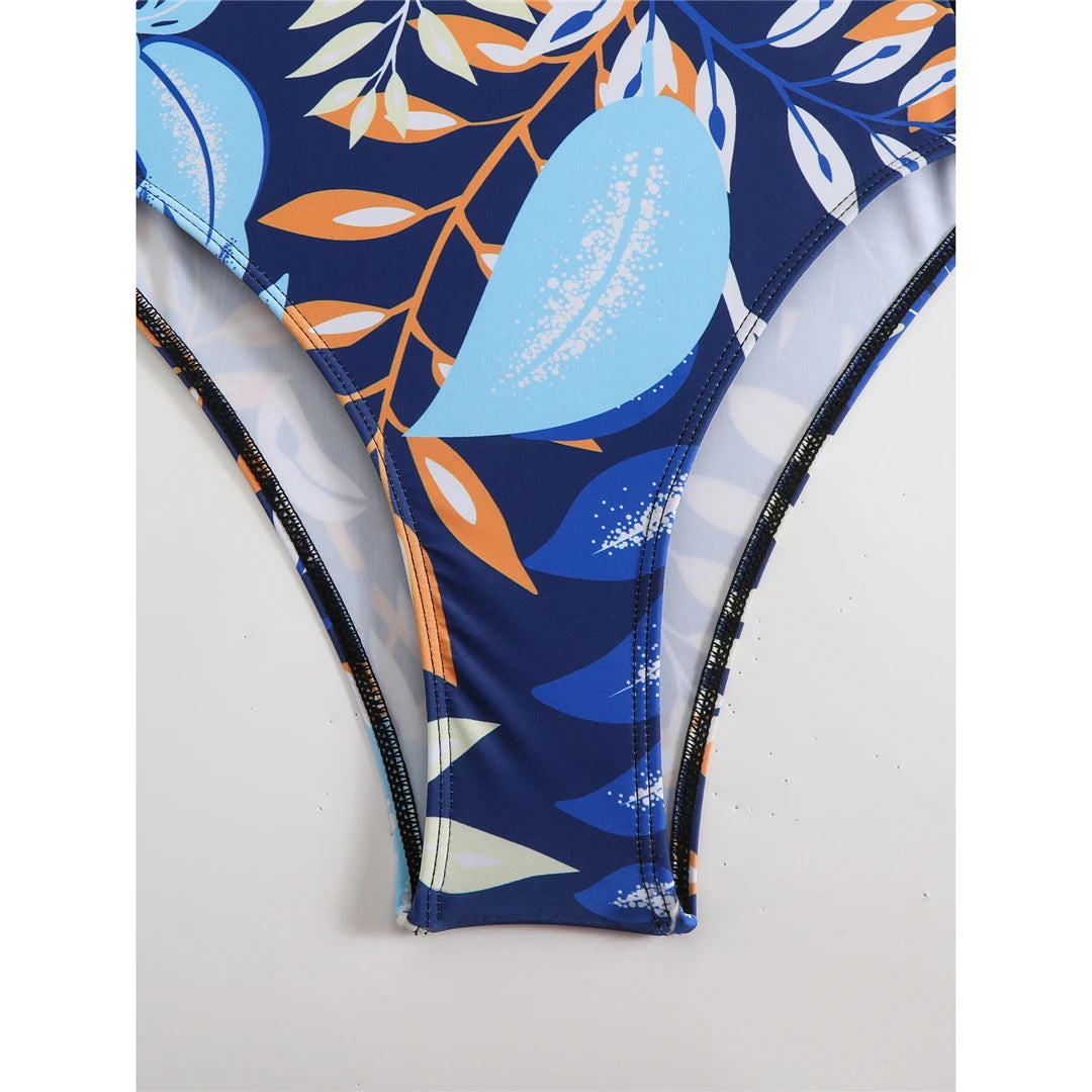 High Cut Printed Long Sleeve Zipper Surf Rash Guard One Piece Swimsuit Women Swimwear Female Bather Bathing Suit Swim