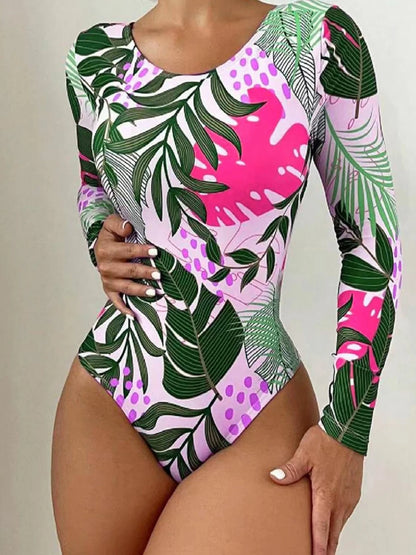 Tropical Leaf Print Long Sleeve Swimsuit One Piece Hollow Out Cross Swimwear Women Bathing Suit Padded Beachwear Swimming Summer