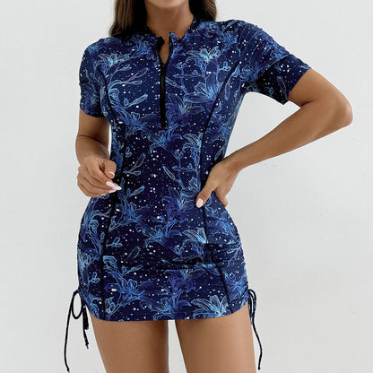 Floral Women Swimsuits Sun Protection Female Short Sleeves Swimwear Surfing Sports Pool Beachwear Two-Piece Bathing Suits