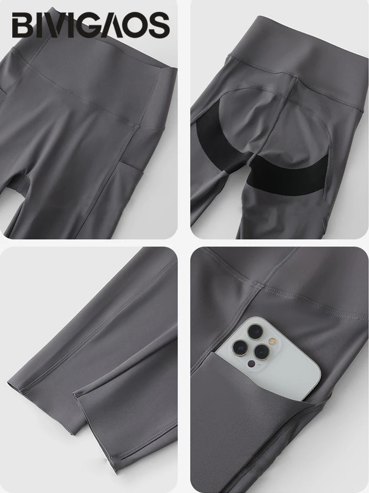 Summer Pocket High Waist Sharkskin Shorts Women Tight Butt Lifter Light Feeling Sport Fitness Yoga Bicycle Shorts