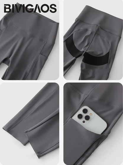 Summer Pocket High Waist Sharkskin Shorts Women Tight Butt Lifter Light Feeling Sport Fitness Yoga Bicycle Shorts