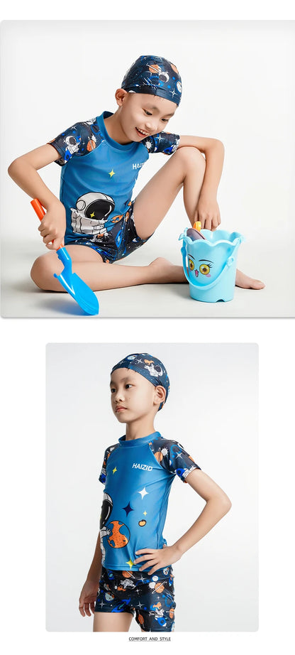 Children's Swimsuit Cartoon Pattern Children's Swimwear Boys Split Design Suitable Swimming Suit Beachwear with Hat