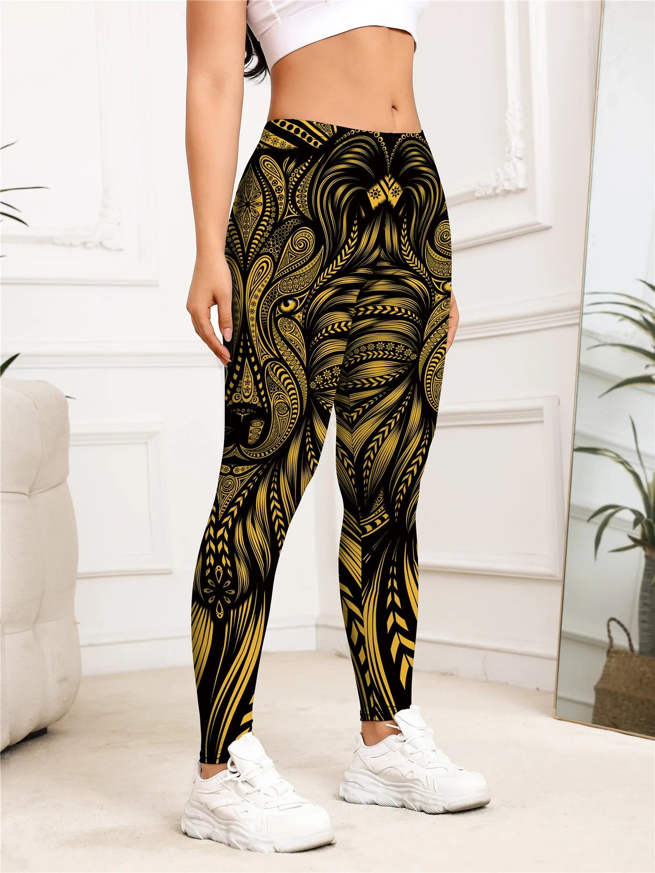 Women's Gold Lion Print High Waist Leggings – Buttery Soft Stretchy Yoga Pants for Workout, Running, and Casual Wear