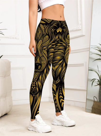 Women's Gold Lion Print High Waist Leggings – Buttery Soft Stretchy Yoga Pants for Workout, Running, and Casual Wear