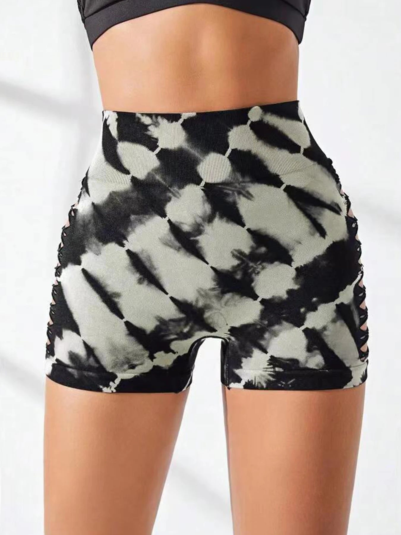 Women's Tie-Dye High-Waisted Yoga Shorts - Mid-Thigh, Side Cutouts, Butt-Lifting, Tummy-Control, Mesh Breathable for Fitness