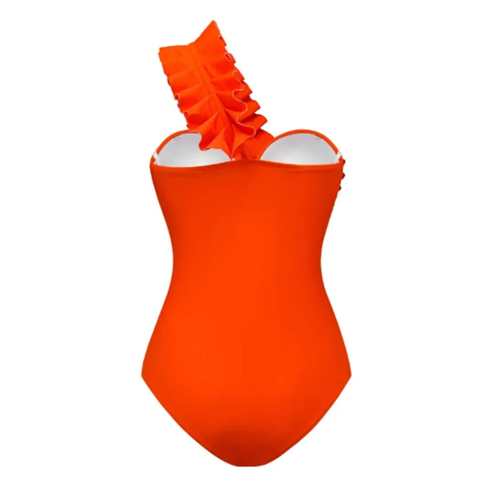 Women Monokini One-Piece Swimsuit Female Solid Bathing Suit Vacation Beachwear Ruffle Swimming Suit