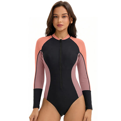 Women Long Sleeve Swimsuit Triangular One Piece Swimwear Sun Protection Rash Guard Padded Surfing Suit Front Zipper Beachwear
