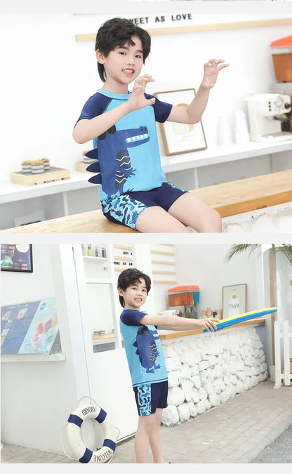 Children's Cartoon Shark Short Sleeve Split Swimwear with Swim Cap, Sun Protection Beach Wear, Baby Boys Swimsuit