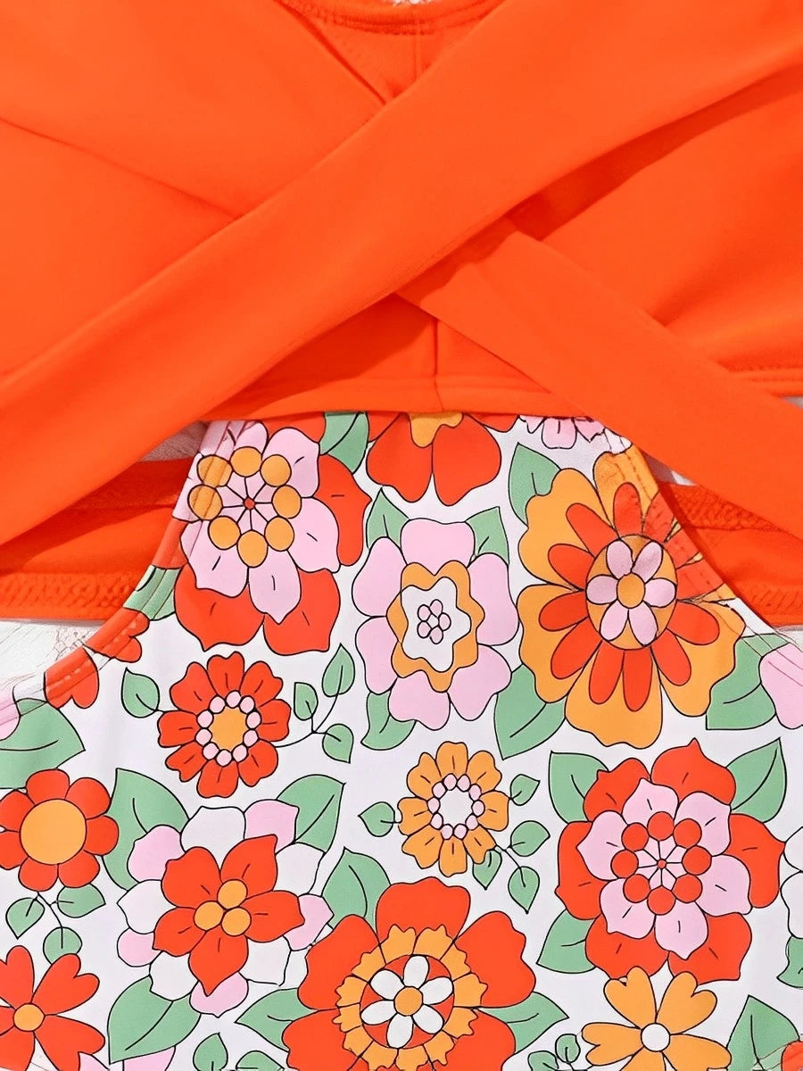 Flower Print Hollow Cross Girls Swimsuit One Piece Kids Swimwear Female Children's Bathers Bathing Swimming Swim Suit Beachwear