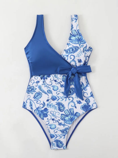 Strappy Swimsuit Women One Piece Color Block Backless Swimwear Female Knot Front Monokini Bathing Swimming Suit Beachwear