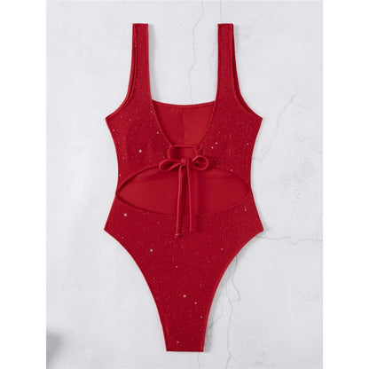 Glitter Sparkling Cut Out Backless One Piece Swimsuit Women Swimwear Female High Cut Leg Padded Bather Bathing Suit Swim