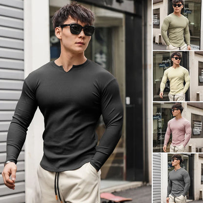Fashion Casual Compression Shirt Large Sports Workout T-shirt Men's Elastic Long Sleeve Autumn V-Neck Gym