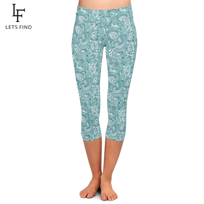 Women's High-Waisted Printed Capri Leggings – Turquoise