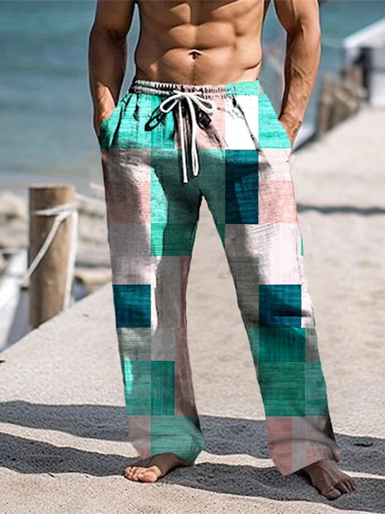 Plaid Color Block Men's Resort 3D Printed Casual Pants Trousers Elastic Waist Fit Straight-Leg Pant Summer Beach Pants 5XL