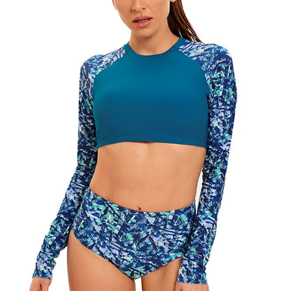 Long Sleeve Print Swimsuit Women 2-Piece High Waist Surfing Suit Bikini Round Neck Bathing Suit Summer Beach Swimwear