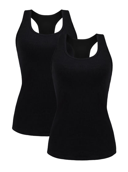 Attraco Women's Camisole 2PCS Cotton Solid with Build-in Shelf Bra Tank Tops U-Neck Soft Breathable Basic Sleepwear