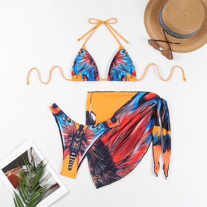 3 Pieces Bikini With Beach Skirt Butterfly Print String Bathing Suit Women Swimwear Female Swimming Swimsuit
