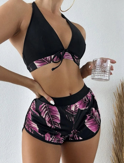 Women Tankini Bikinis 6 Colors Halter Bikini 3 Piece Set Leaf Print High Waisted Swimsuit Beach Bathing Suit Size S-XXL