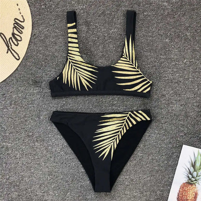 Leaves Printed Female Swimsuit High Waist Bikini Women Swimwear Two-pieces Bikini set Bather Bathing Suit Swim