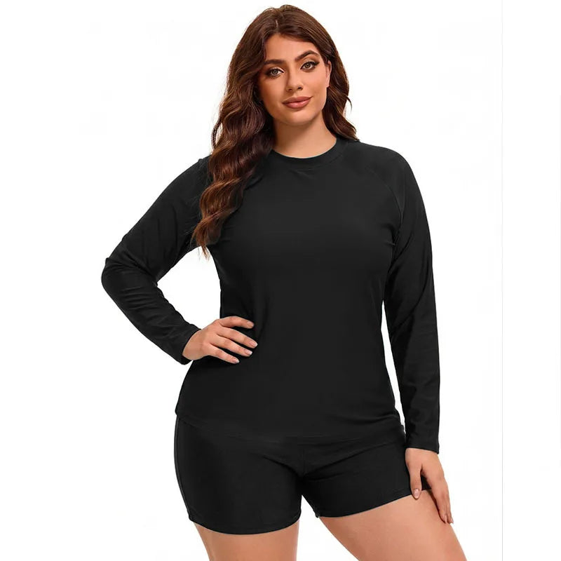 Women Plus Size Swimwear Long Sleeve Rash Guard Modest Two Piece Swimsuit UPF 50+  Rash Guard Beachwear Beach Bathing Suit