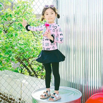 Girls' Long Sleeve Swimming Suit Skirt Style Quick Dry Thermal Sunscreen Swimwear Casual Surf Suit Children's Two Piece Swimsuit