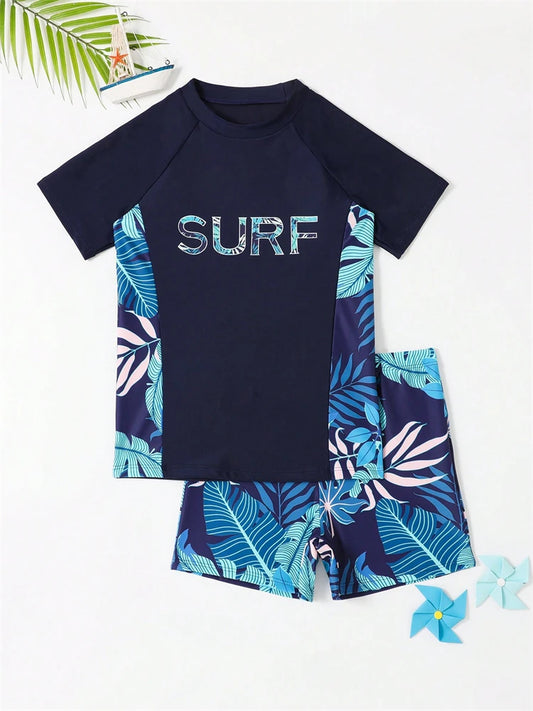 Boys' Blue Tropical-Print Short-Sleeve Rash Guard & Shorts Set