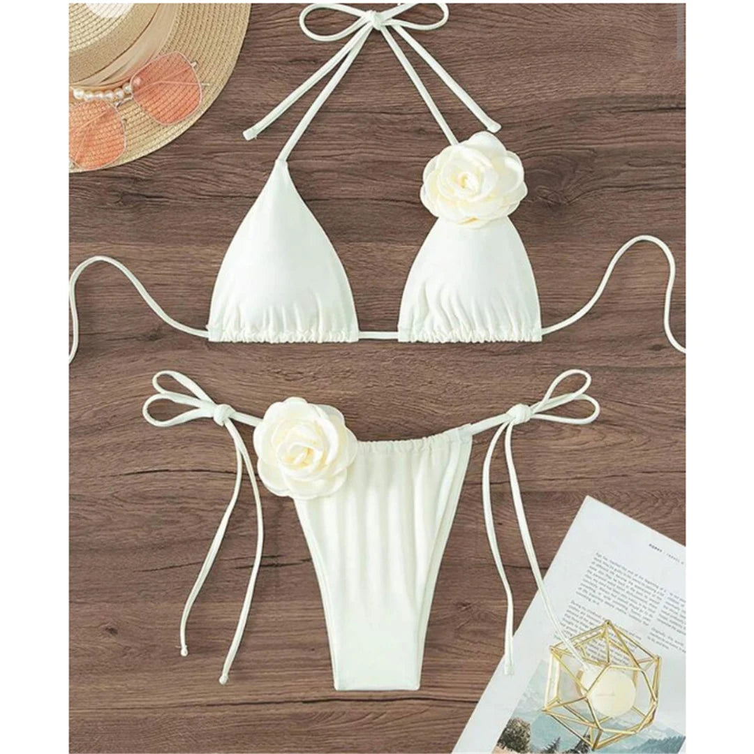 S - XL 3D Flowers Halter Strappy Bikini Women Swimwear Female Swimsuit Two-pieces Bikini set Bather Bathing Suit Swim