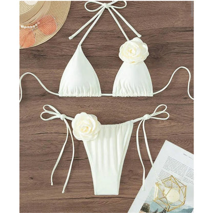 S - XL 3D Flowers Halter Strappy Bikini Women Swimwear Female Swimsuit Two-pieces Bikini set Bather Bathing Suit Swim
