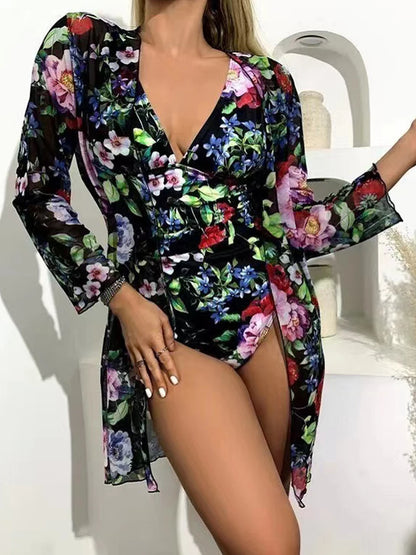 One Piece V-neck Tropical Print Swimsuit With Cover Up Swimwear Women Beach Wear Female Bathing Swimming Swim Suit Summer