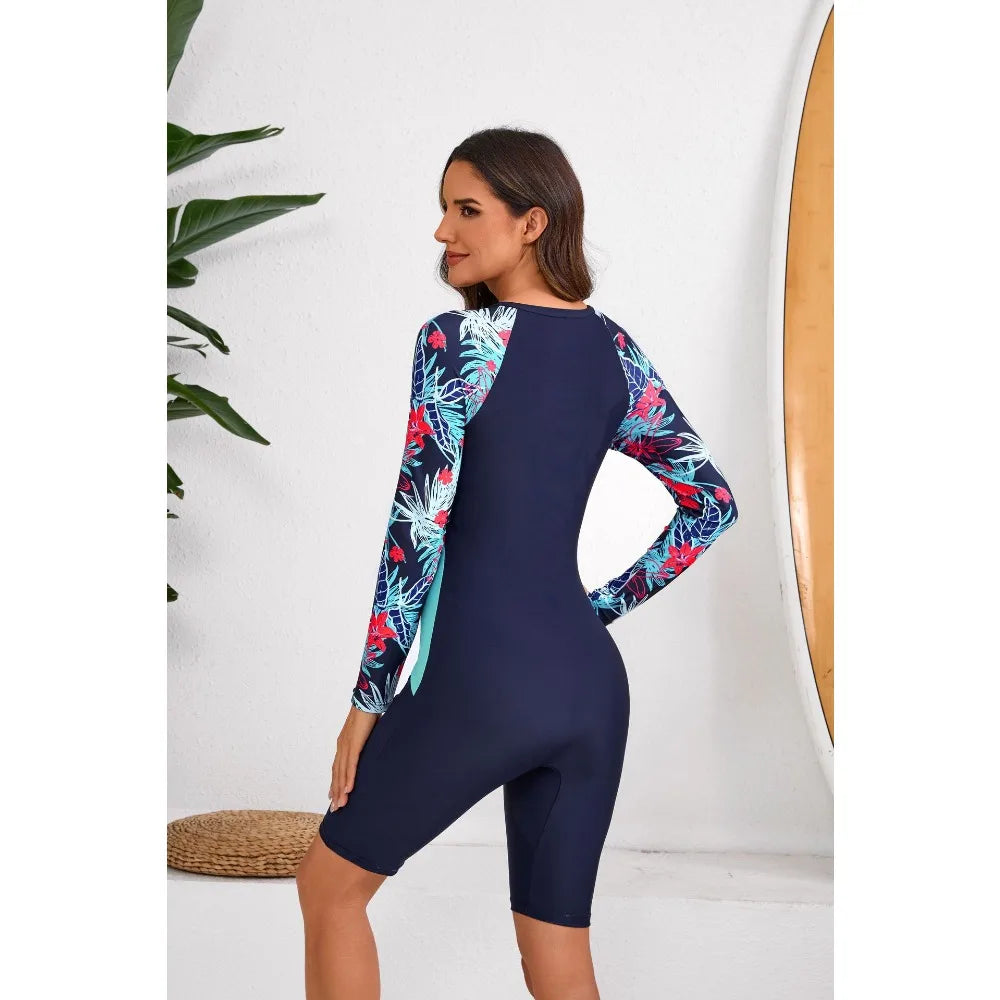 Women's Long-Sleeve One-Piece Rash Guard Wetsuit Print Beach Swimsuit Sports Swimwear Sun Protection Surfing Suit