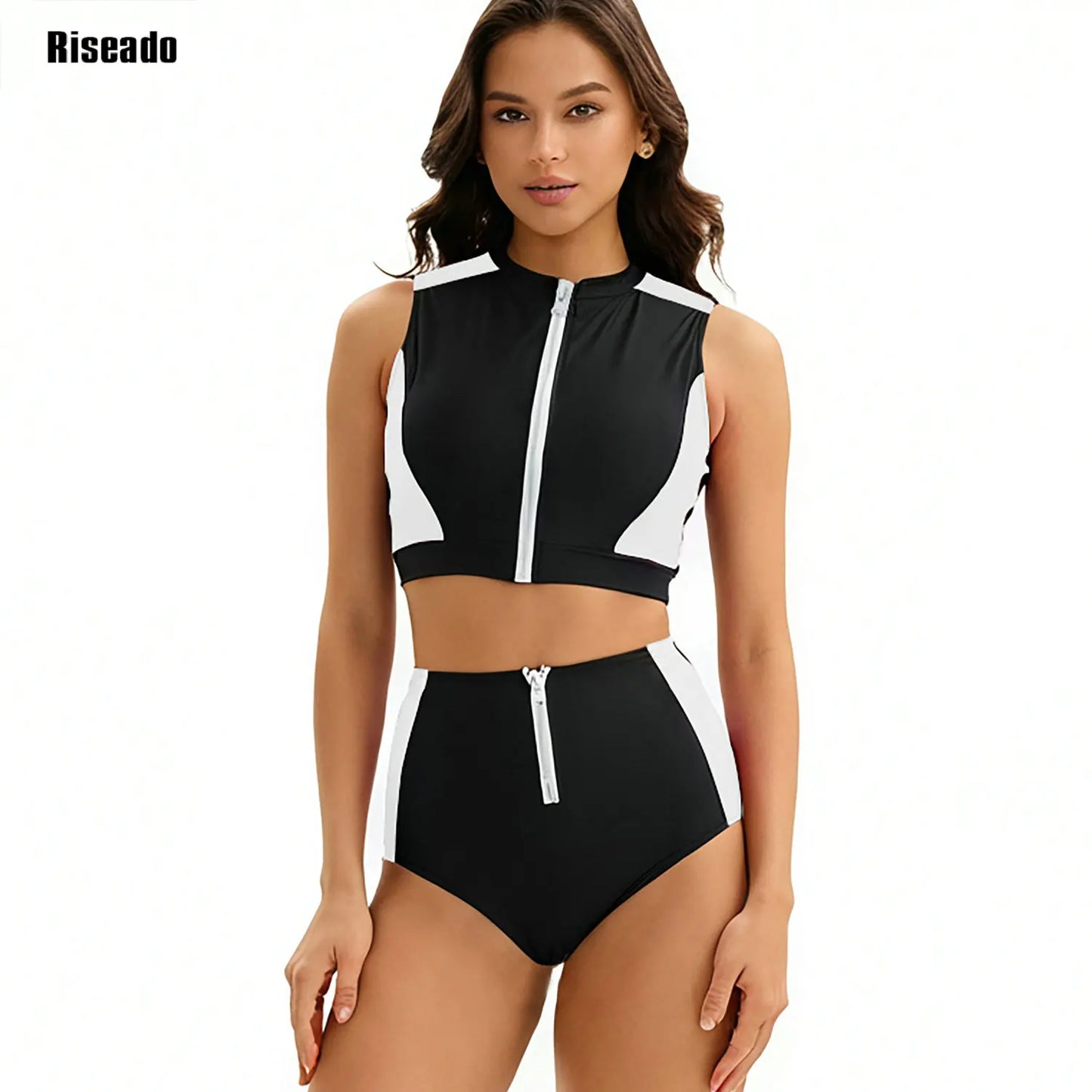 Female Two Pieces Crop Top Bikini Tankini Sets Color Block Zip Front Summer Push Up Swimsuit Bathing Suits High Waist Tankini